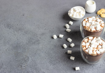 Glass cup of hot chocolate or cocoa drink with marshmallows. Traditional winter or autumn hot...