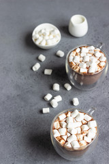 Glass cup of hot chocolate or cocoa drink with marshmallows. Traditional winter or autumn hot drink. Holiday concept, Selective focus.