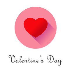 Logotipo abstracto con texto Valentine's Day con corazón rojo con sombra en circulo rosa