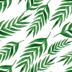 Obraz premium Beautiful exotic, tropical watercolor seamless pattern with palm tree leaves