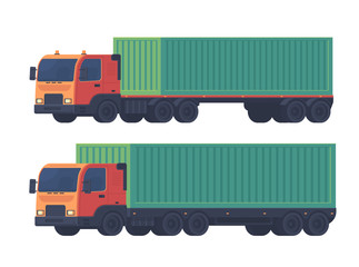 Truck with a semi-trailer for the delivery of goods. Logistic service. Vector flat style illustartion isolatedon white.