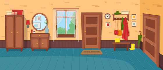 Cartoon hallway background. Panorama with stairs, doors, window, wardrobe, chest of drawers, mirror, coat rack with clothes, umbrella.Vector illustration in cartoon flat style.