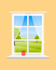 Window overlooking the spring landscape: fields, trees, mountains in the distance and the blue sky. The Windows are curtained with transparent tulle. Illustration in soft colors. Vector. 