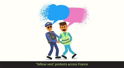 Yellow vest protests across France. resident of Paris was arrested by a police officer for hooliganism - obrazy, fototapety, plakaty