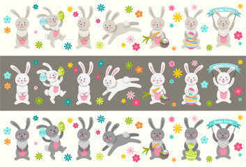 Set of cute Easter cartoon characters rabbits and design elements. Easter bunny, eggs and flowers. Vector illustration.