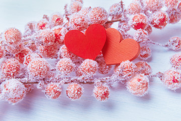 Two bright red hearts on hoarfrost berries.