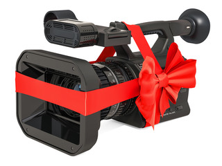 Naklejka premium Television camera, professional video camera with bow and ribbon, gift concept. 3D rendering