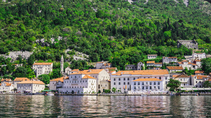 Fototapeta na wymiar Beautiful view of the shores of Kotor Bay in Montenegro. September 22, 2018