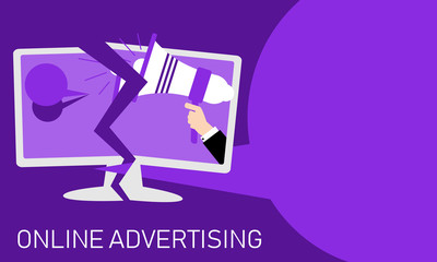 Concept illustration for online advertising. Vector flat design of monitor with businessman holding megaphone.