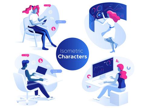 People work and interacting with graphs, icons and devices. Data analysis and office situations. 3D Isometric vector illustration set. Mobile application and website header images on white background.