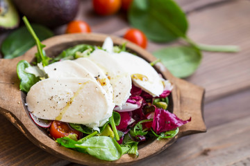 Healthy salad with mozarella cheese slices