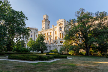 Fototapeta premium back view of beautiful white renaissance state castle castle Hluboka nad Vltavou, one of most beautiful castles in the Czech Republic