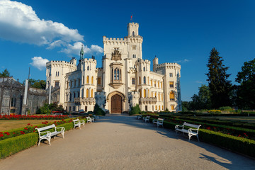 Fototapeta na wymiar front view of beautiful white renaissance state castle castle Hluboka nad Vltavou, one of most beautiful castles in the Czech Republic