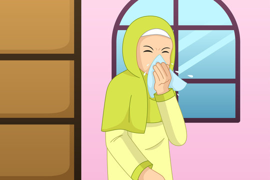 Muslim Woman Sneezing Into a Tissue Illustration