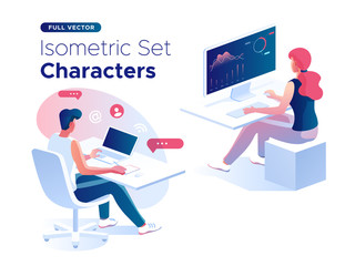 People work and interacting with graphs, icons and devices. Data analysis and office situations. 3D Isometric vector illustration set. Mobile application and website header images on white background.