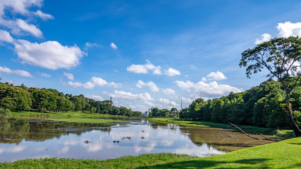 landscape with lake and blue sky