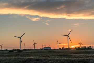 Wind turbines at sunset in Gargau, Brazil
