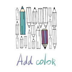Vector illustration with different pencils,  in bright colors on a white background, great for printing or textile design.Hand drawn,sketch