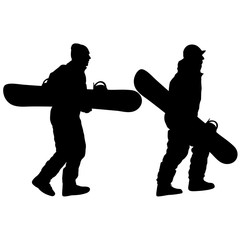Fototapeta na wymiar Black silhouettes snowboarders on white background illustration