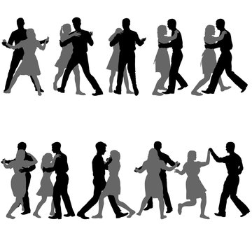 Black set silhouettes dancing man and woman on white background
