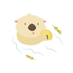 Funny otter with shell floating in a river