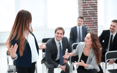 team at office meeting, friendly executive discussing good news 