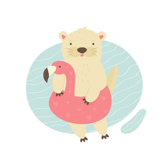 Cute otter swimming in a pool with a flamingo toy