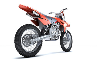3D illustration of red glossy sports motorcycle isolated on white background. Perspective. Rear side view. Right side