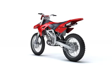 3D illustration of red glossy sports motorcycle isolated on white background. Perspective. Rear side view. Left side