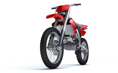 3D illustration of red glossy sports motorcycle isolated on white background. Perspective. Front side view. Low angle view. Left side