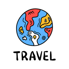 Cartoon travel earth or planet doodle lettering for decoration design. Drawing text.