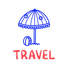 Cartoon travel sun umbrella doodle lettering for decoration design. Drawing text.