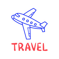 Cartoon travel plane doodle lettering for decoration design. Flying airplane, transportation. Drawing text.