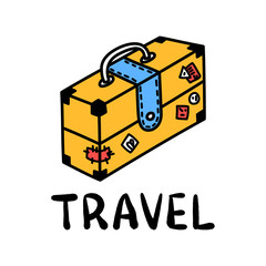 Cartoon travel suitcase doodle lettering for decoration design. Drawing text.