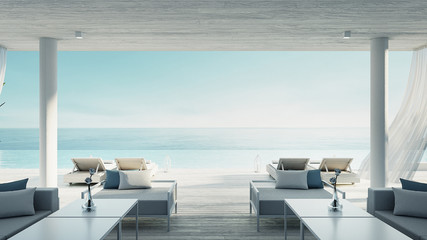 Beach living lounge - ocean villa seaside & sea view for vacation and summer / 3d render interior