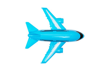 Plastic modern toy plane isolated on white, top view. Travel, journey and flight concept