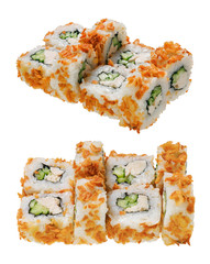 Sushi roll with chicken fillet, cucumber and breading. Isolated on white background.