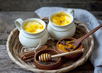 Honey on dark background. Healthy hot drink. Immune boosting remedy, detox and dieting concept