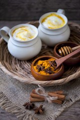 Honey on dark background. Healthy hot drink. Immune boosting remedy, detox and dieting concept