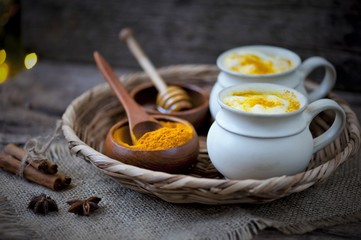 Honey on dark background. Healthy hot drink. Immune boosting remedy, detox and dieting concept