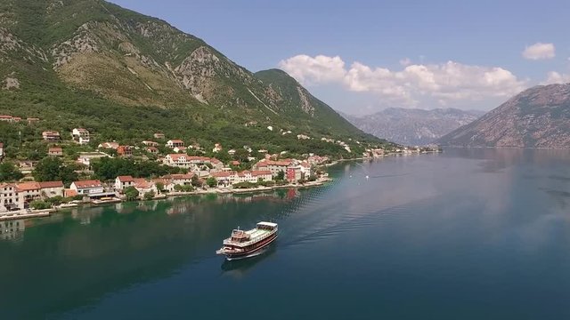 	Aerial view of a floating ship on the Bay of Kotor in Montenegro