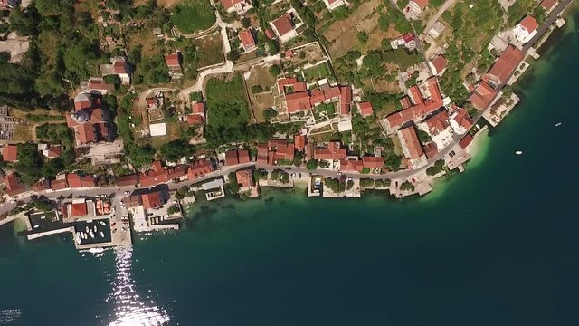 Aerial view of the city Prcanj in the Bay of Kotor Montenegro