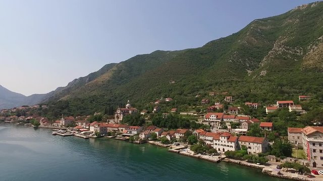 Aerial view of the city Prcanj in the Bay of Kotor Montenegro