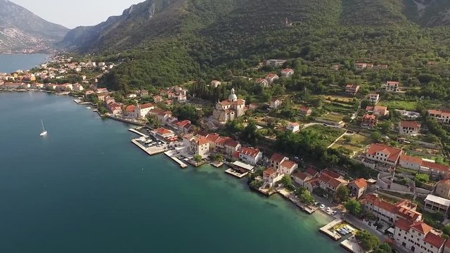 Aerial view of the city Prcanj in the Bay of Kotor Montenegro
