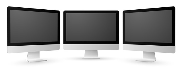 Vector set of realistic modern slim shaded computer screens on white background.