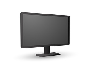 Perspective view of realistic modern black shaded vector computer screen on white background.