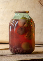 Bank of canned fruit compote on the shelf