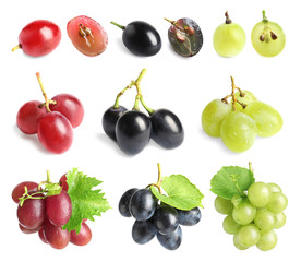 Set with different kinds of grapes on white background