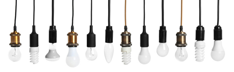 Set with different lamp bulbs on white background