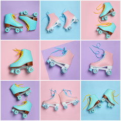 Set with stylish quad roller skates on color background, top view